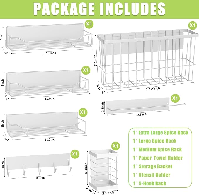 Magnetic Spice Rack for Refrigerator, 7 Pack Magnetic Fridge Shelf for Kitchen Organization Storage, Moveable Spice Organizer W/Paper Towel Holder, Utensil Caddy, Cutting Board Rack (White)