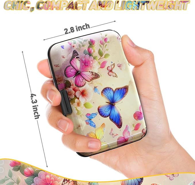 Credit Card Holder, Colorful Butterfly Mini RFID Small Aluminum Card Wallet | Blocking Slim Metal Business Card Case, RFID Blocking Front Pocket Wallet Hard Case Durable CC Holder for Women Girl
