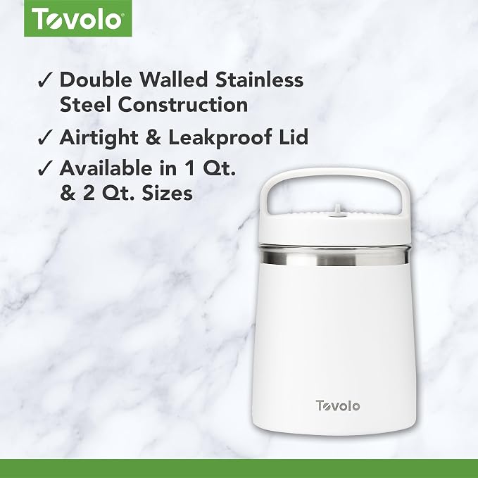 Tovolo Insulated Food Container 2 Quart Food Traveler Thermos for Hot Food and Cold Food Stainless Steel Double Wall Vacuum Insulated Spill Proof Airtight Lid Dishwasher Safe BPA Free White
