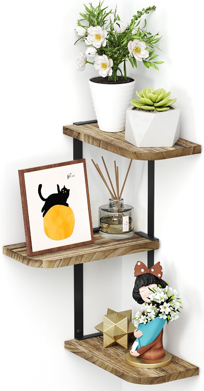 Love-KANKEI Corner Wall Shelf,3-Tier,Solid Wood,17" Tall,Carbonized Black | Easy to Install,26 lb Capacity,Floating Shelves & Brackets,For Bedroom,Living Room,Bathroom.Kitchen,Office Display,Wall Decor