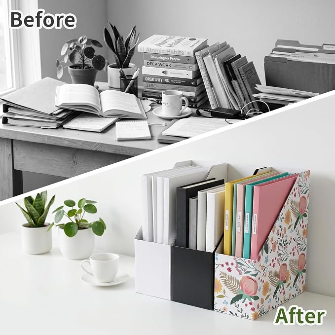Rempry 12 Pack Magazine File Holders White, Foldable Cardboard Document Organizer Boxes with Labels, Space-Saving Storage for Office, Home, School (9.9"x3.3"x12")