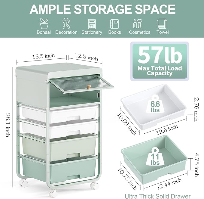 SYKIARIOL 4 Drawers Rolling Storage Drawer Craft Organizers Bookshelf Cart with Dust-Proof Door for Kids Playroom,Bedroom,Home Office, Green