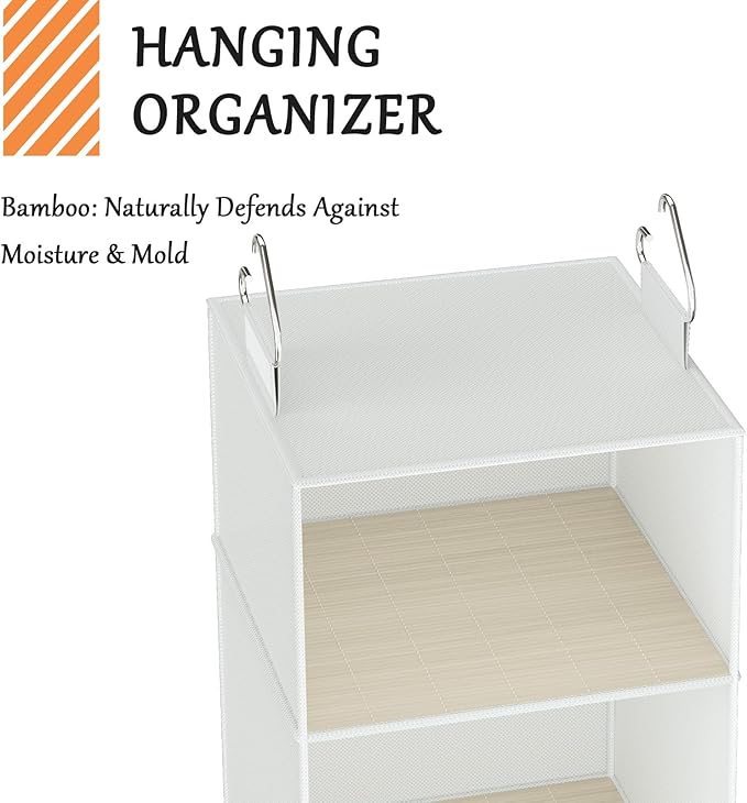 VERONLY Hanging Closet Organizer with Bamboo Shelves - Foldable Closet Storage for Baby Clothes, Towels, Scarves,Space Saving Shelves Organizer (White)