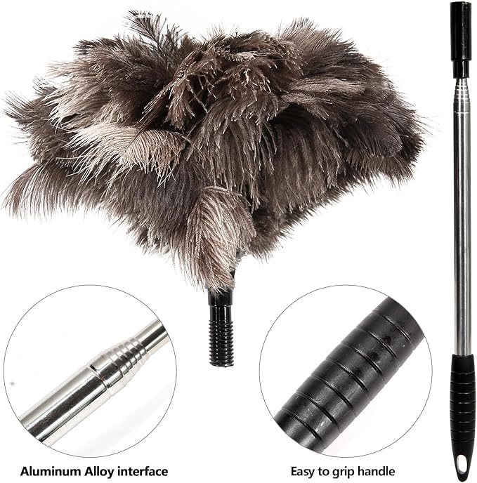 Extendable Ostrich Feather Duster 26"-79", Real Fluffy Ostrich Feather Duster, Telescoping Handle for High Ceiling Cleaning, Fan Dust Removing, Furniture, Car Cleaning – Standard Threaded Interface