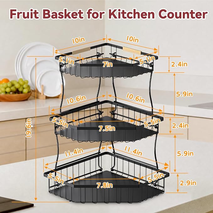 3 Tier Fruit Basket for Kitchen Counter - Detachable Metal Fruit Bowl with 2 Banana Hangers for Corner , Large Capacity Fruit Stand with Wooden Handle for Bread Fruit and Vegetable Storage - Black