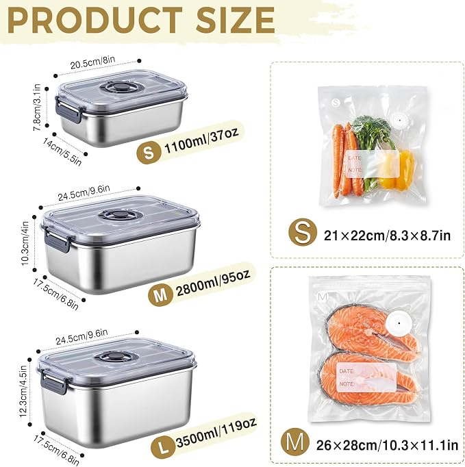 Compact Vacuum Seal Stainless steel Food Storage Containers (Vacuum Sealer Machine+3 Stainless steel Vacuum Containers+16 Reusable Vacuum Bags) for Vacuum Preservation, Refrigerators, Food Storage