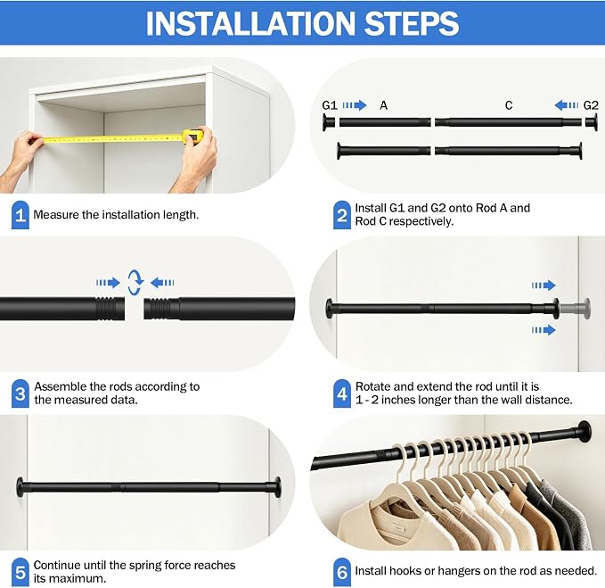 No Drilling Closet Rod, Adjustable Black Closet Rod, 28-98 Inches Heavy-Duty Closet Tension Rods for Hanging Clothes for Wardrobes, Closet, Laundry & Bathroom (Black)