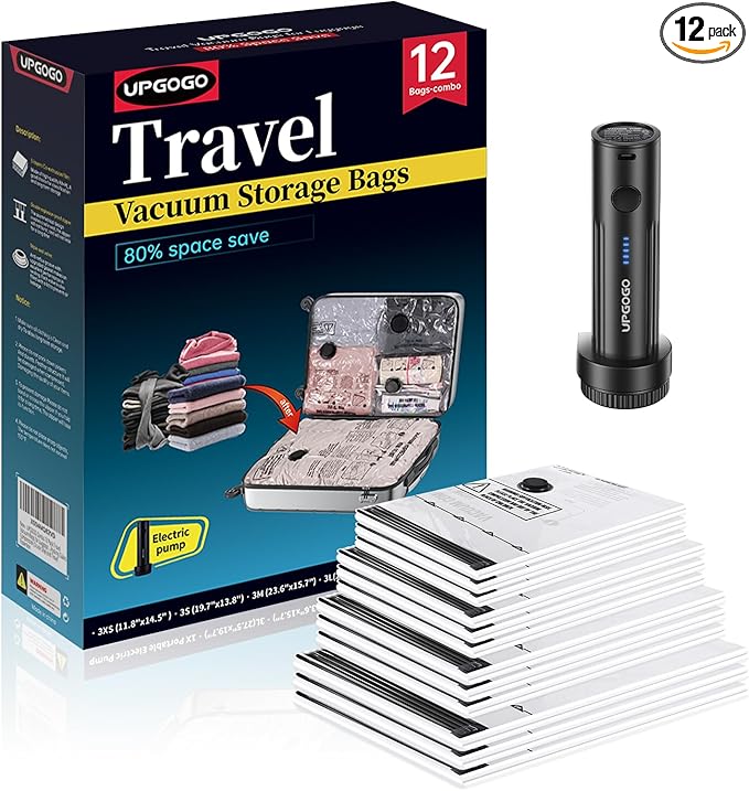 UPGOGO Travel Vacuum Bags for Luggage with Portable Electric Pump,Vacuum Seal Bags for Clothing,Packing Cubes Compression,Cruise Ship and Travel Essentials(Combo 12 Pack)