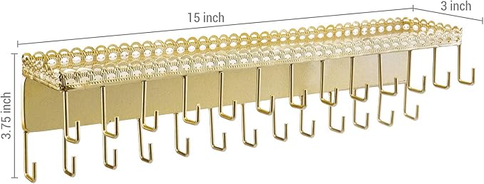 MyGift 15 Inch Wall Mounted Gold Tone Metal Jewelry Organizer & Display Shelf with Vintage Lace Design, Hanging Perfume Storage and 26 Hook Necklace Hangers