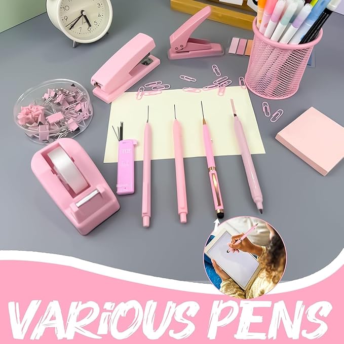 Pink Office Supplies, 17Pcs Pink Desk Accessories Set Include Stapler, Mesh Desk Organizer, Tape Dispenser, Staple Remover, Pen Holder, Clips, Pens, Ruler, for Office Home School Women Students Gift