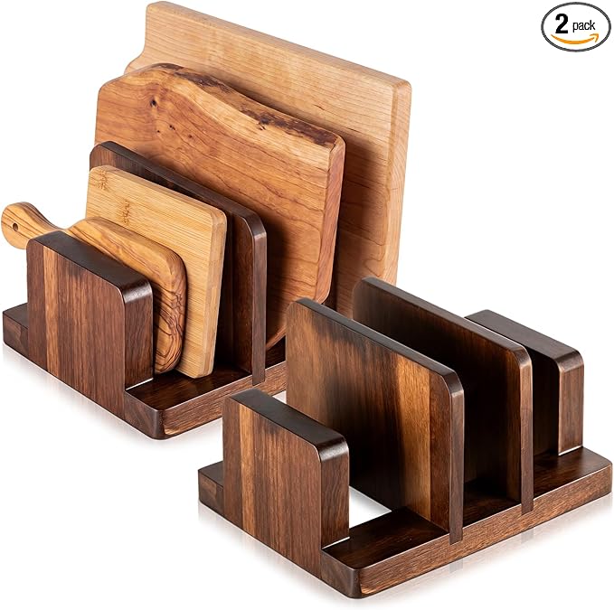 Mifoci 2 Pack Acacia Wood Cutting Board Holder, Kitchen Rack for Cutting Boards, Lids, Bakeware Storage, Countertop Pan & Tray Holder with 3 Slots, Plate Organizer for Cabinet, Baking Sheets
