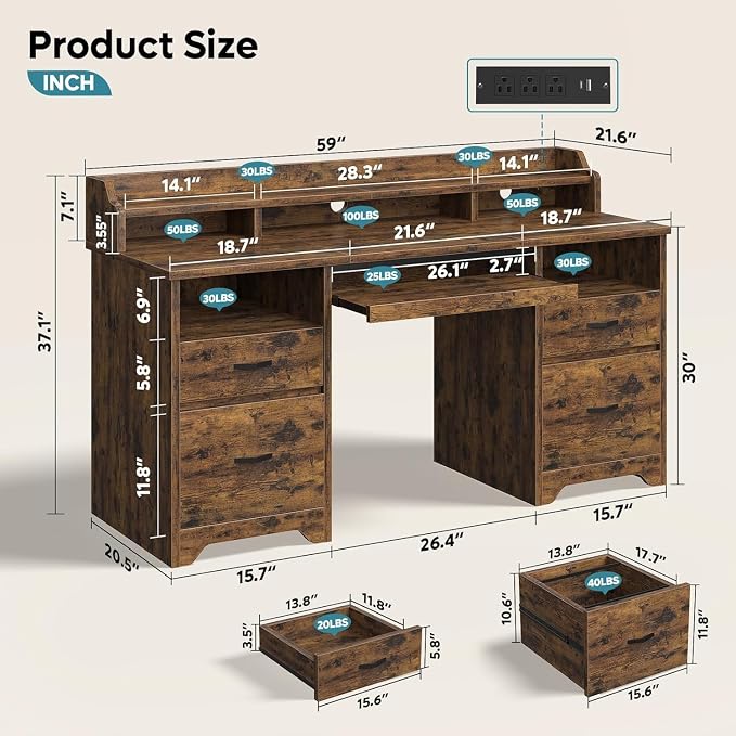 Bestier 59" Executive Desk with Charging Station & Monitor Stand, Brown | Farmhouse Wood Computer Desk with Drawers, Home Office Desk with Keyboard Tray, Sturdy Pedestal Desk for Work Study