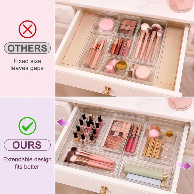 14 Pcs Clear Drawer Organizer, Adjustable Drawer Organizer, 3-Size Expandable Drawers Organizers for Makeup, Cosmetic, Kitchen Utensils, Bedroom Dressers, Tool Organizers for Gadgets