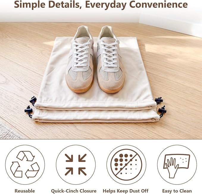 Upgraded Shoe Bags for Travel, 6 Pack Soft Flannel/Cloth/Fabric | Large 17.7 x 13.8 Inches | Fits One Pair of Shoes up to Men's US Size 13 | Washable & Reusable | Ideal for Suitcase Packing