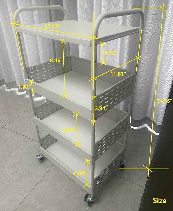 Stable 4 Tier Rolling Metal Storage Organizer, Heavy Duty Kitchen Rolling Cart, Metal Top Vegetable Storage Cart with Wheels for Kitchen Pantry Utility Use (White)