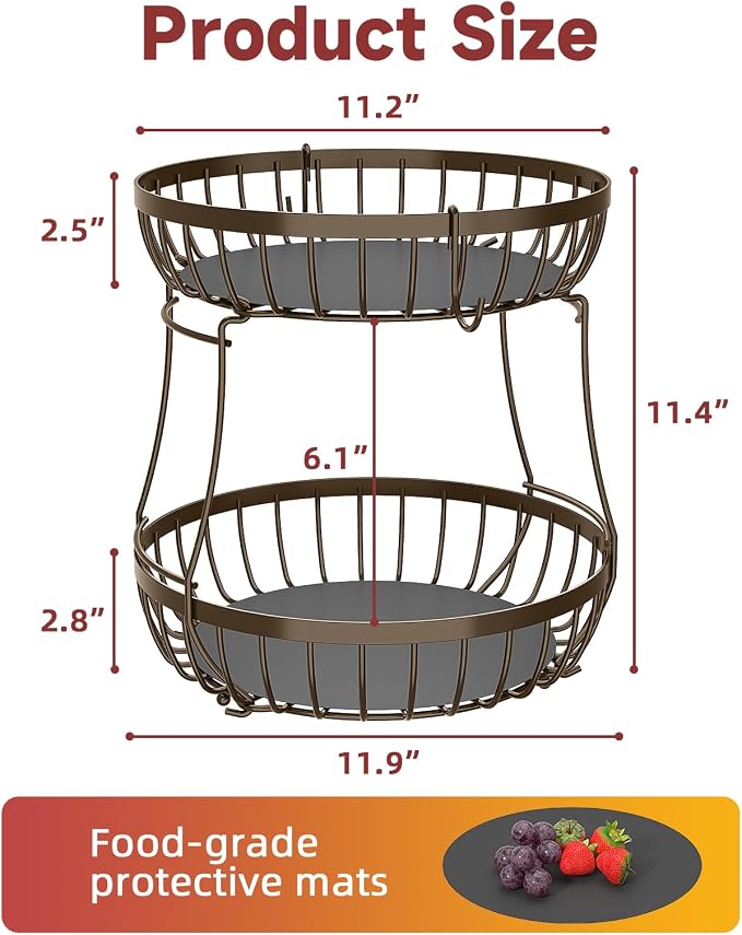 Sevenblue 2 Tier Fruit Basket for Kitchen Counter with 2 Banana Hangers, 2026 Pro Detachable Metal Fruit Bowl with Wooden Handle,Fruit Holder for Bread Snack Veggies, Brown Extra Large