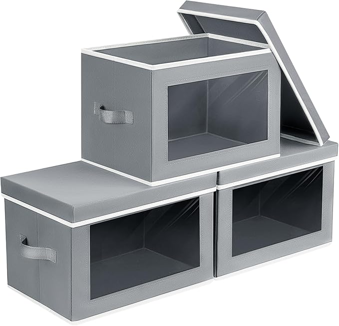 Homsorout Decorative Bins with Lids - Stackable Cube Bins for Closet, 3 Pack Clear Windows Fabric Organizer Bins, Home Organizers and Storage for Clothes, CD, Towels, Grey