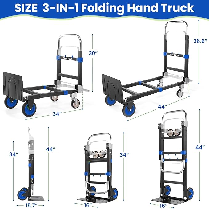3-in-1 Folding Hand Trucks, 600Lbs Convertible Hand Truck Dolly, Heavy Duty Convertible Dolly with Retractable Handle and 4 Rubber Wheels, Collapsible Cart for Moving Office/Home/Warehous(Blue)