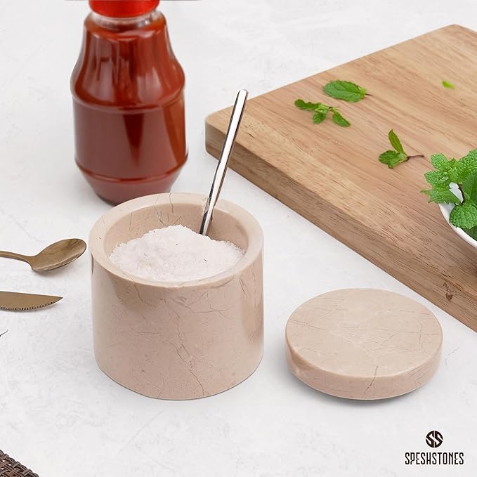 Marble Salt Cellar 3 Inch Beige Table Salt Containers for Countertop - Sugar Bowl With Lid, Salt Holder, Spice Jars, Salt Box for Seasoning Storage Container, Salt Dish for Kitchen Decor