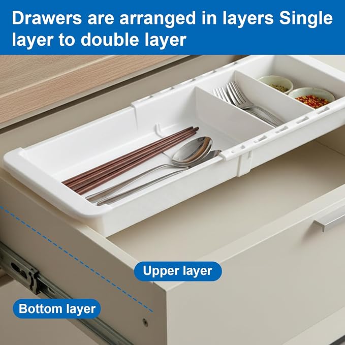 2 PCS Sliding Drawer Tray with Adjustable Dividers, Expandable Kitchen Storage Organizer, Sliding Drawer Bin, Expandable Drawer Organizer, Drawer Organizer Trays For Utensils, Flatware, Junks