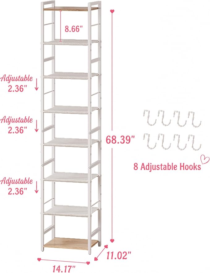 8-Tier Narrow Purse Organizer for Closet, Tall Vertical Purse Rack for Small Spaces, Corner Handbag Storage Display Shelf with Adjustable Fabric Shelves & 8 Hooks for Small & Medium Tote Bags, Bedroom
