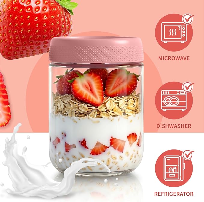 Overnight Oats Containers with Lids, Mason Jars 16 oz, Glass Storage Jars | 12 Pack Wide Mouth Glass Jars with Airtight Lid, Small Parfait Cups with Lids for Yogurt, Storage, Chia, Snack, Spice, Seed
