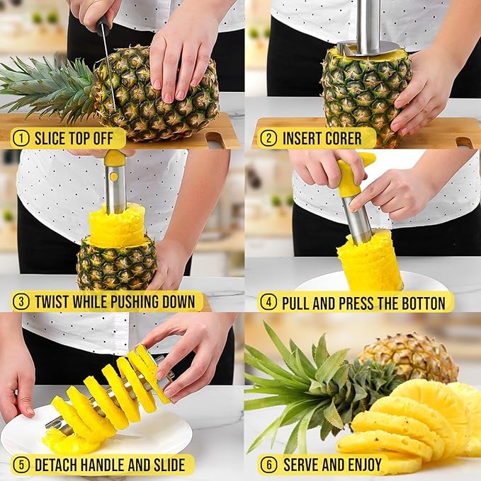 Zulay Kitchen Stainless Steel Pineapple Corer & Slicer – Heavy Duty Pineapple Cutter & Eye Removal Tool – Effortless Core Remover Tool with Sharp Reinforced Blade & Ergonomic Handle - Yellow