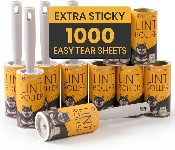 DELOMO Lint Roller for Pet Hair Extra Sticky, Mega Value Set of 1000 Sheets | 5 Handles + 10 Rollers, Clean Faster for Clothes, Couch, Bedding, Furniture & Car, Easy Peel Design for Multi-Pet Homes