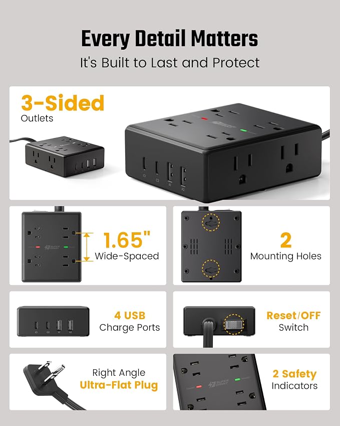 SUPERDANNY Extension Cord,Flat Plug Surge Protector Power Strip,15Ft | 8 AC & 4 USB Ports (2 USB C),Surge Protector with 1050J,Desk Charging Station for Home Office,College Dorm Room Essentials