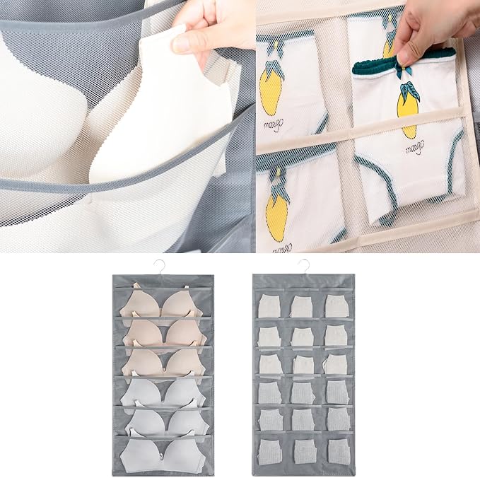 Closet Hanging Organizer with 24 Mesh Pockets Double-Sided Hanging Closet Organizer Wardrobe Storage Bags for Baby Clothes Bra Underwear Socks Diapers Panties Bras Lingerie Set Scarves Tights