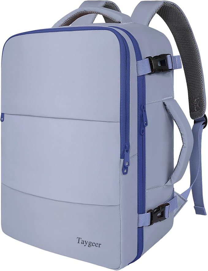 Taygeer Large Travel Backpack for Men Women, 35L Carry On Backpack | Airline Approved Personal Item Travel Bag with Water Bottle Pocket & Shoe Pouch, Laptop Backpack for Gym Hiking, Gray Blue