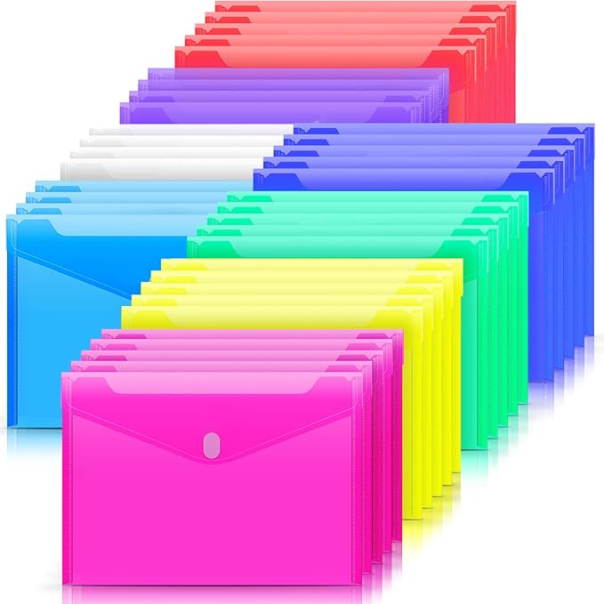 Sooez 32 Pack Plastic Envelopes File Folders, Plastic Folders with Safe Closure, Colored Folder for Documents Organizer Letter/A4 Size, Clear Filing Folder for Office School Supplies Storage, 8 Colors