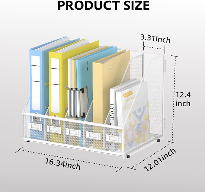 5 Vertical Compartments Magazine File Holder, Metal Binder Organizer, White | Space-Saving Desktop Storage, Built-In Label Holders, Anti-Slip Feet, Sized for Binders, Folders, Magazines and Files
