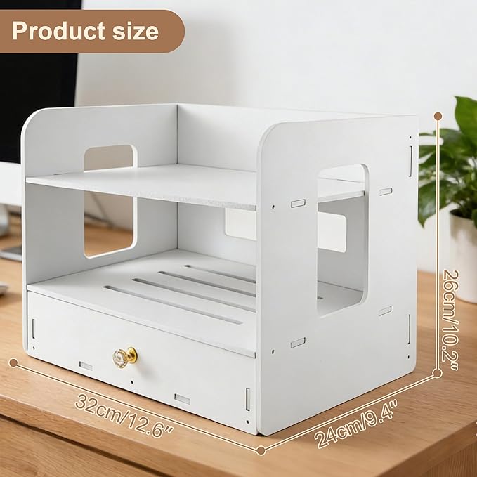 Desk Organizer, 2-Tier File Organizer for Desk with Drawer, Letter Tray Paper, Desktop Document Sorter for Letter, File Folder Holder for Office, Home or School- White MLT002W2