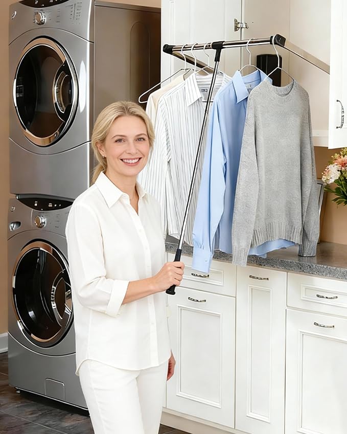 Pull Down Closet Rod, 33–45 in Adjustable, 44 lbs Capacity | Polished Metal Surface, Two-Way Buffering System, Smooth Pull-Down Access, Side-Mounted Design, Space-Saving Closet Organizer