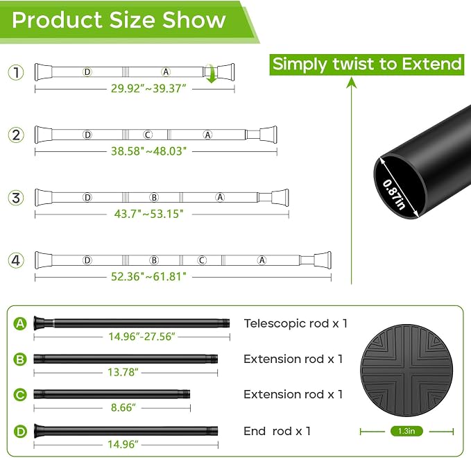 Curtain Rods for Windows 30-63Inch Black Tension Rod Adjustable Curtain Rod No Drilling Spring Rod Tension Curtain Rods for Windows,Door