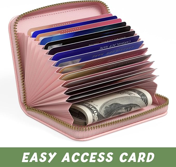 Aiawoxc Credit Card Holder for Women, Small RFID Wallet Slim Leather Business Card Organizer Case with Zipper and Keychain, Pink