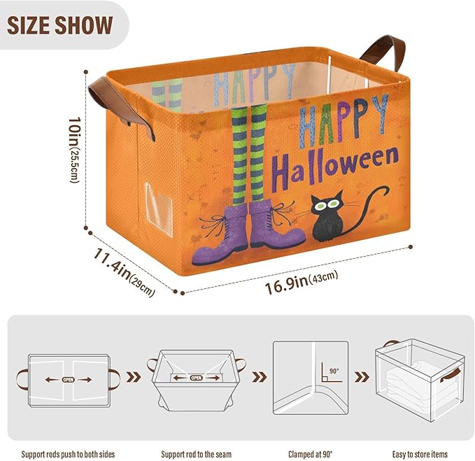 Happy Halloween Witch and Cat Storage Basket Foldable Cube Storage Bins with Handles&Label Waterproof Collapsible Organizer Box Bin Large Rectangle Decorative Baskets for Shelves Home Room Laundry