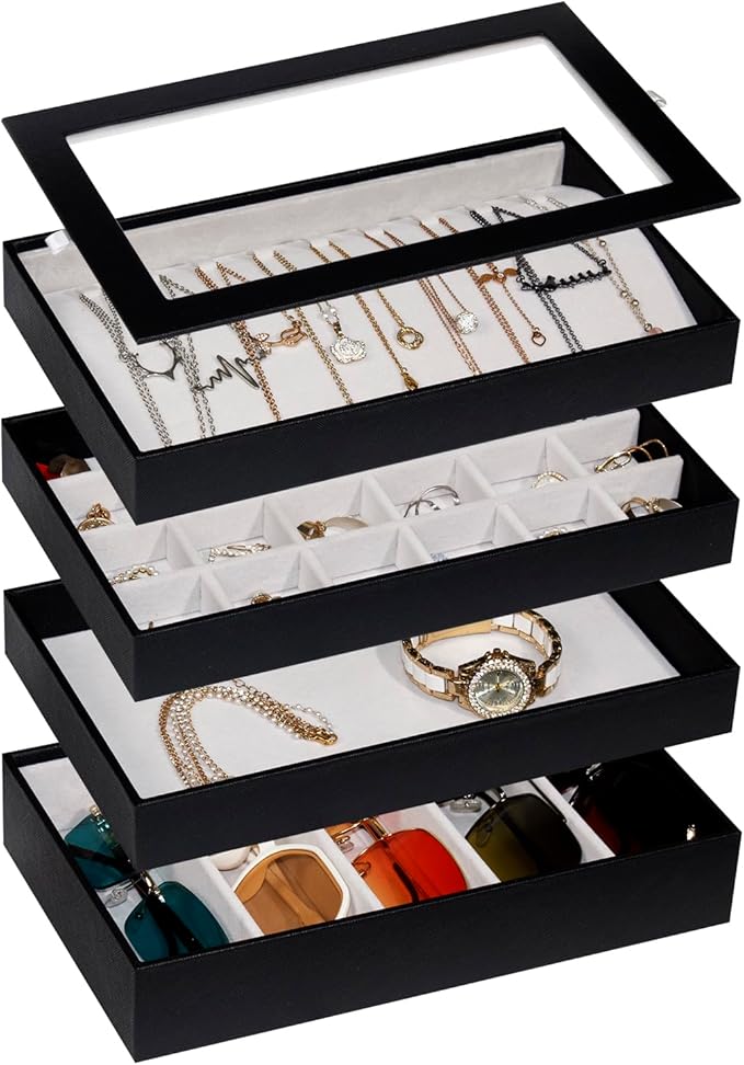 4-Layer Stackable Jewelry Organizer Trays with Tempered Glass Lid, Black PU Leather Jewelry Drawer Inserts Display Case, Large Anti-Tarnish Storage Box for Earring Necklace Ring Sunglasses