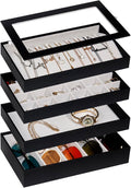 4-Layer Stackable Jewelry Organizer Trays with Tempered Glass Lid, Black PU Leather Jewelry Drawer Inserts Display Case, Large Anti-Tarnish Storage Box for Earring Necklace Ring Sunglasses