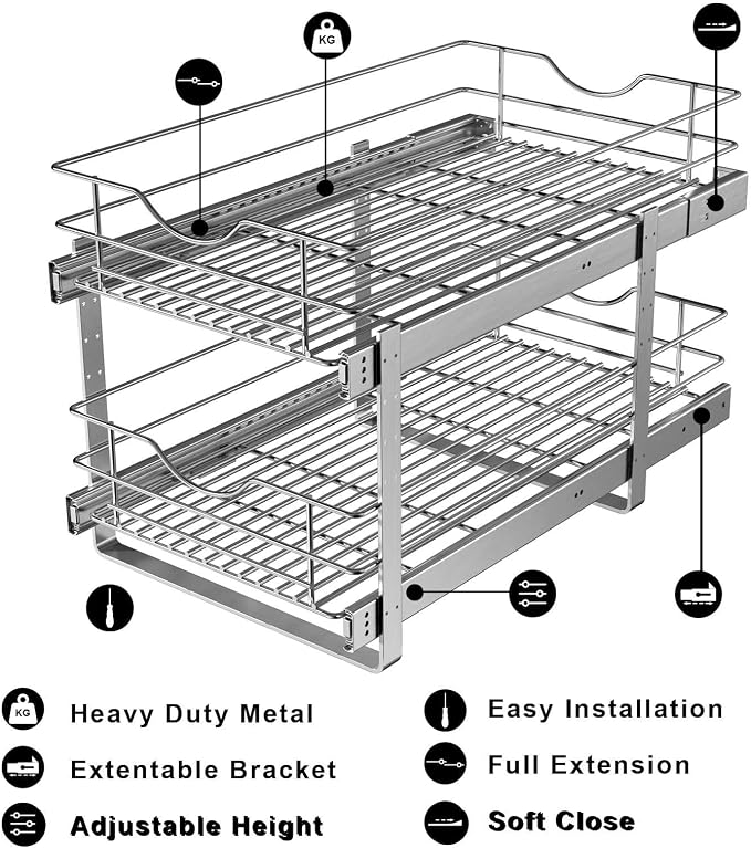 2 Tier Pull Out Cabinet Organizer,(8½"W x 22" D) Soft Close Slide Out Drawer For Kitchen Base Cabinet, Individual Pull Out Shelf, Roll Out Pantry Organization, 22 Inch Deep