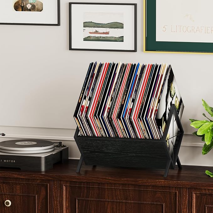 YINMIT Vinyl Record Holder - 80-100 LP Vinyl Record Storage Rack, Quick Assembly Display, Retro Style Organizer for Magazine, Book, Files, Albums (Black, 1 Tier)