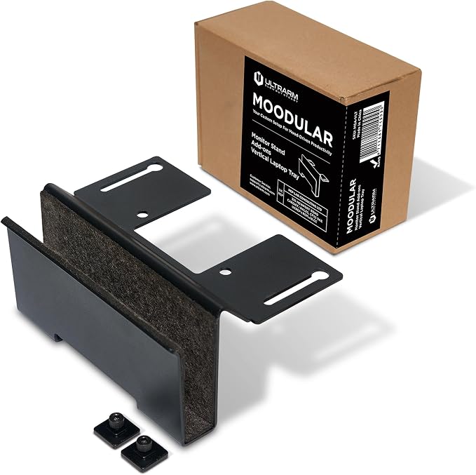 ULTRARM Moodular Vertical Laptop Tray Add-On for Rails, Do Not Use Alone | Accessory Only, Clamshell Mode, Fits Laptops & Tablets Under 0.7", Saves Desk Space, Felt-Lined, Steel, Black, MSA-VLT