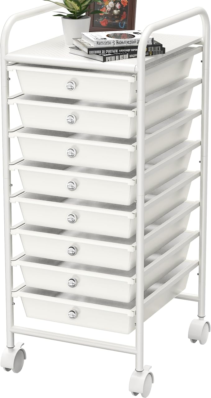 Simple Houseware 8 Drawers Rolling Utility Cart Art Craft Storage, White | 1-Column, 30.25" Height, Lockable Wheels, for School, Office, Art Craft, and Paper Storage