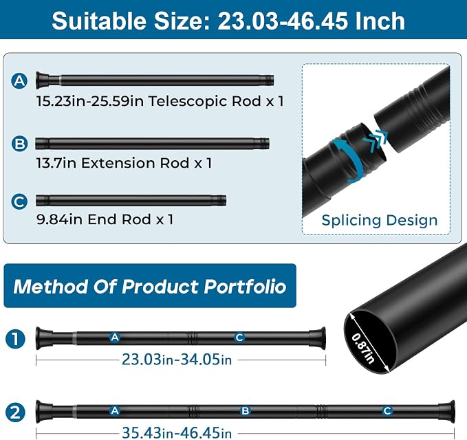 1Pcs Spring Tension Curtain Rod 24-46 Inches, Black Shower Rod | No Drilling Installation,11 lbs Max Load,7/8inch Spring Rod Diameter, Adjustable for Doorway, Closet, Kitchen,Bathroom