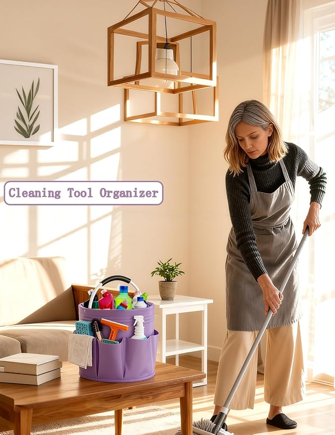 Cleaning Caddy with Handle, Cleaning Products Organiser, Foldable Storage Basket, Large Supply Organiser 17L with 6 Pockets, Portable Cleaning Caddy for Home & Garden (Purple)