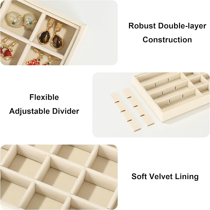 Frebeauty 24 Grid Earring Organizer,Velvet Jewelry Tray for Drawer | Adjustable Dividers,Stackable Design,Drawer Insert for Rings Studs,Vanity Organizer,for Women Girls