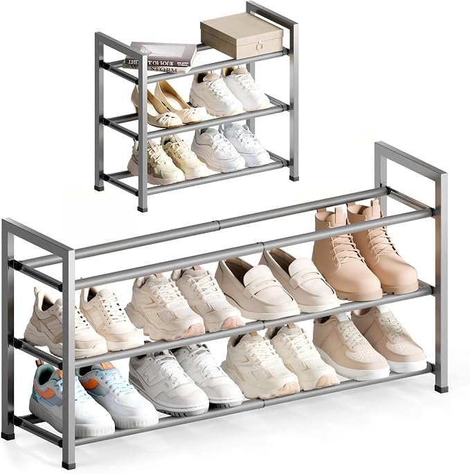 Bumusty 3-Tier Expandable Shoe Rack for Closet, 18“-33” Adjustable Shoe Rack for Small Space, Small Shoe Organizer for Front Door, Sturdy Metal, Light Grey
