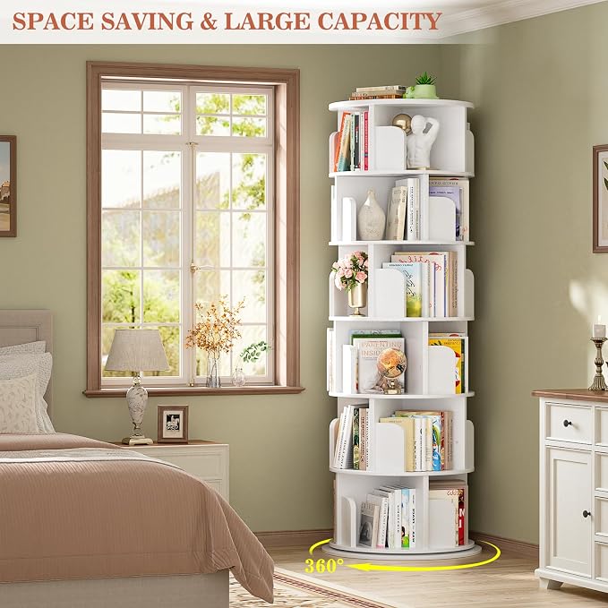 Aheaplus 6 Tier Rotating Bookshelf, Wood Spinning Bookshelf Tower, Round Revolving 360 Bookcase, Narrow Turning Book Shelf Rolling Corner Organizer for Small Space, Bedroom, Office, White