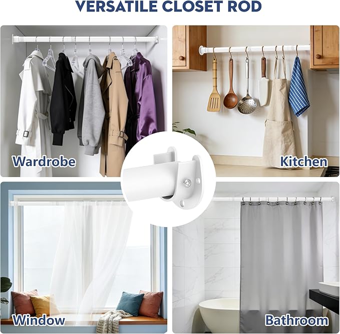 Heavy Duty Closet Rod, Adjustable 17-74 in, 1.3" Diameter | White, Metal, Suitable for Wardrobes, Bathrooms, Laundry Room, RV
